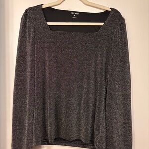 Nine West Metallic Black Ribbed Square-Neck Long Sleeve Top